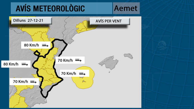Vent a l'interior sud de CastellÃ³, a ValÃ¨ncia i al nord d'Alacant