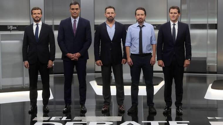 Els cinc candidats a la Moncloa durant el debat electoral