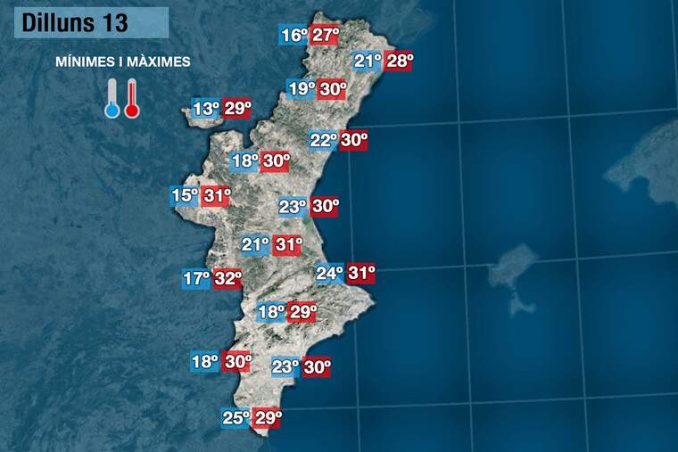 Mapa Temperatures dilluns, mÃnima 24º i mà xima 31º| Jordi PayÃ
