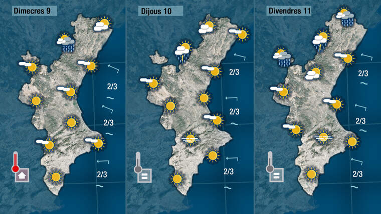 Mapes oratge, dimecres 9 sol, dijous 10 nÃºvol, divendres 11 sol