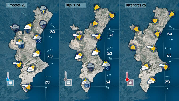 Mapes amb l'oratge per dimecres, dijous i divendres, per als tres dies marca nÃºvol