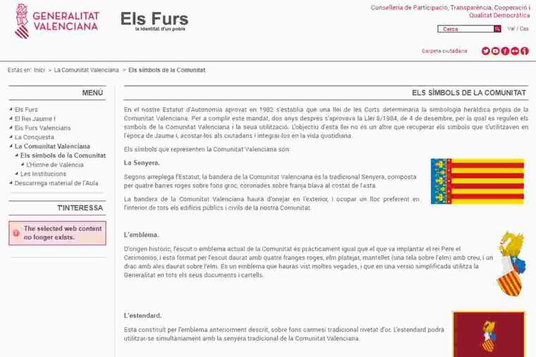 Imatge del web de la Generalitat Valenciana explicant els sÃmbols de la Comunitat