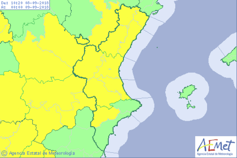Mapa d'alerta groga a la Comunitat Valenciana per al dia de hui