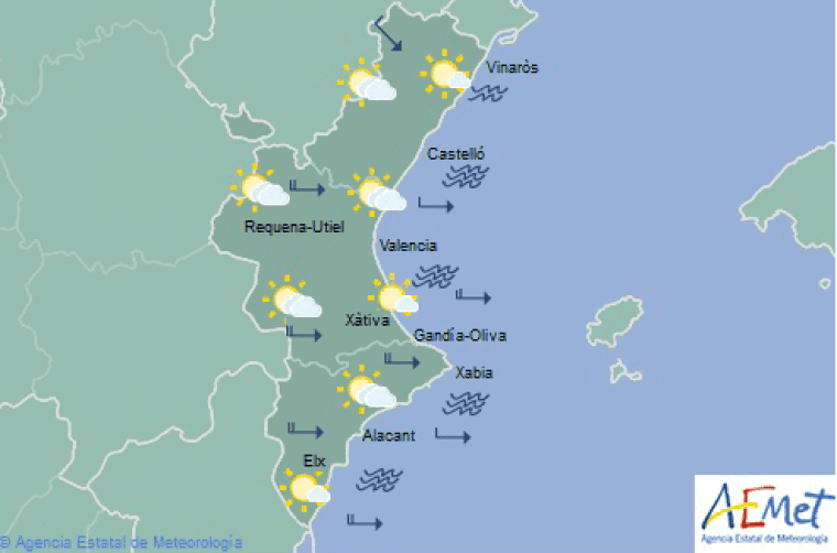 Mapa de la predicció significativa a partir de les 12:00 hores de hui divendres a la Comunitat