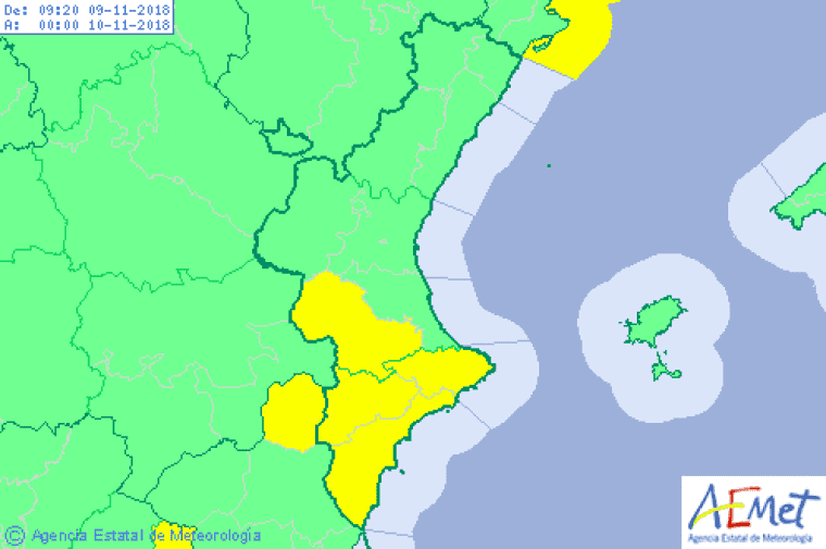 Mapa dels riscs per fortes ratxes de vent per al dia de hui a la Comunitat Valenciana