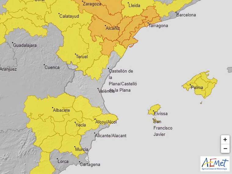 Mapa d'avisos de l'Aemet per ValÃ¨ncia