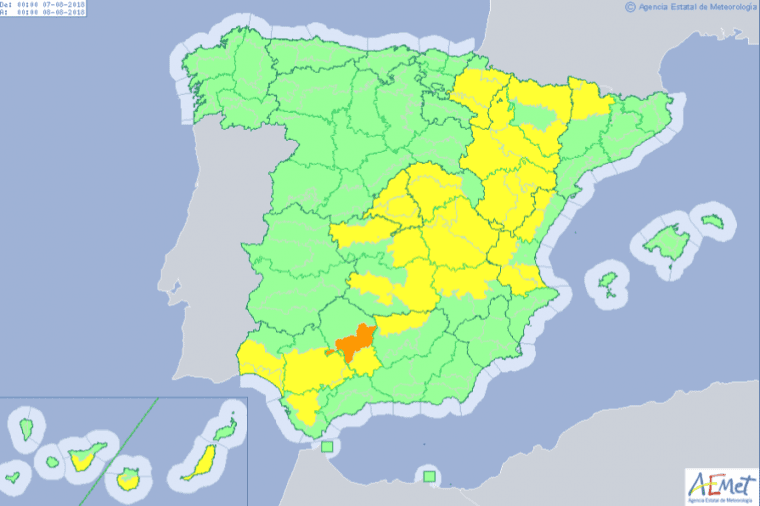 Mapa de avisos por calor intenso este martes