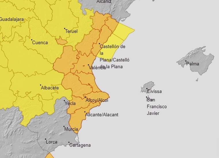 Mapa d'alertes per fort vent a València el 2 de març del 2020