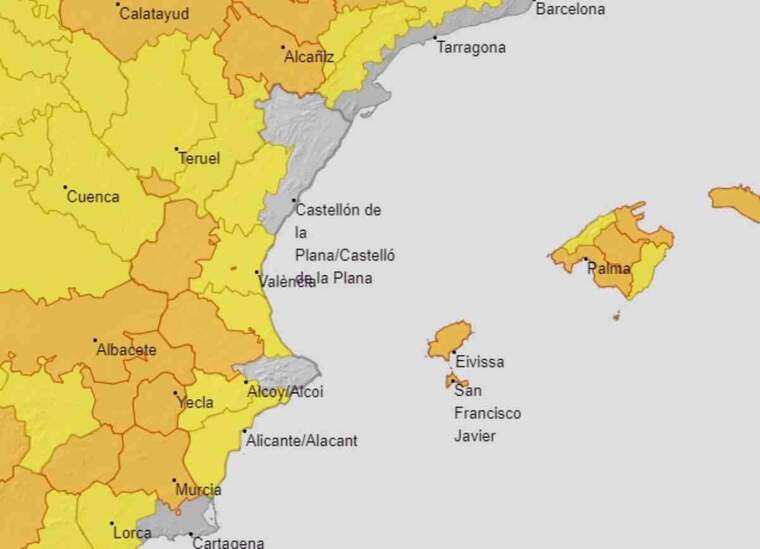 Mapa d'alertes per calor extrema a ValÃ¨ncia el 31 de juliol del 2020