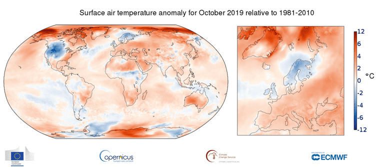 Mapa de les temperatures mitjanes registrades aquest octubre a tot el món
