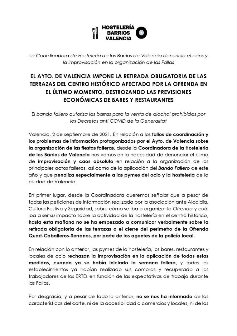 Comunicat retirada terrasses falles a ValÃ¨ncia