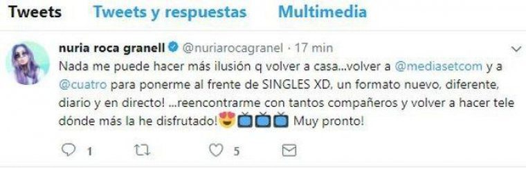 Imatge del tuit que va fer Nuria Roca