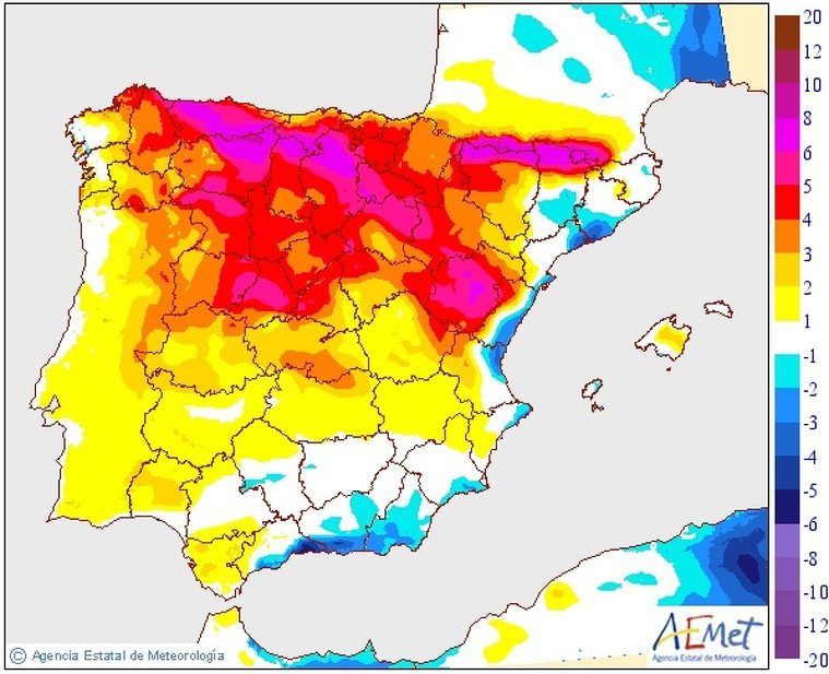 VariaciÃ³ de la temperatura mÃ xima prevista per este dijous