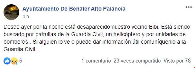 Comunicat sobre la desaparició d'un veà en Benafer (Castelló)