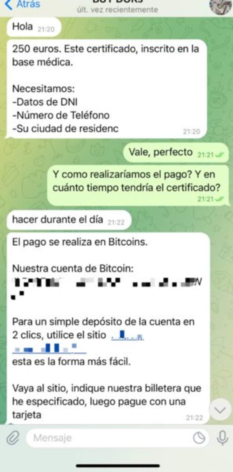 Conversa de ValÃ¨ncia Diari amb l'usuari que ofereix certificatsÂ COVIDÂ falsos