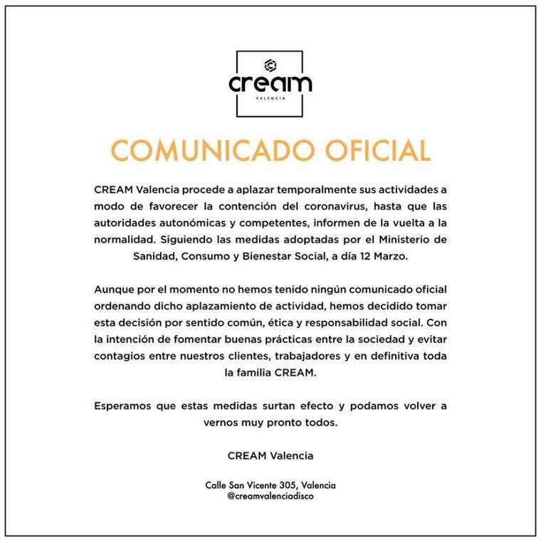 Comunicat oficial de la discoteca Cream València