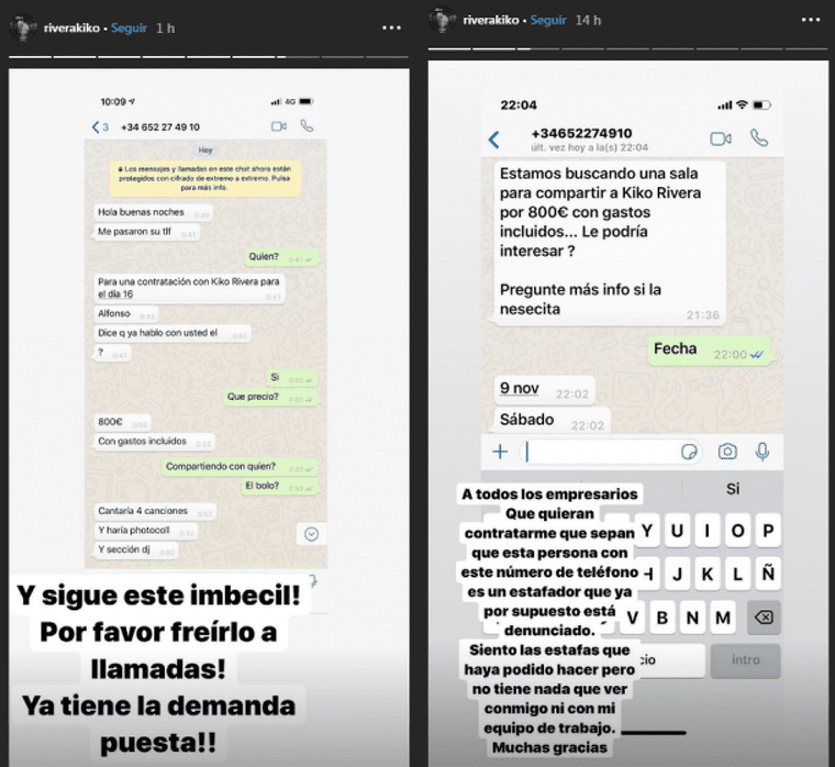 Kiko Rivera fa públiques les captures de pantalla de les conversacions amb el presumpte estafador